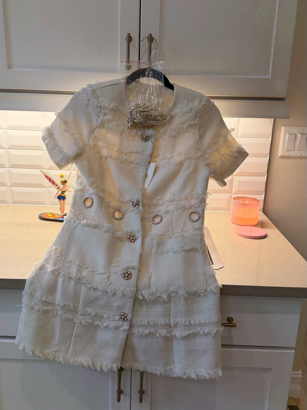 Elegant Ivory Tweed Dress with Pearl Buttons nwt Small White and Gold pearl belt